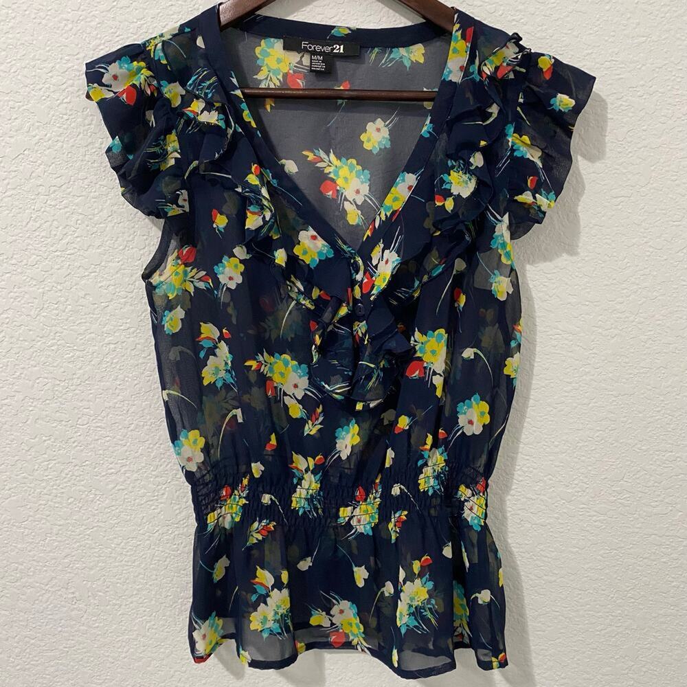 Vtg Forever 21 Blouse M Sheer Floral Navy Peplum